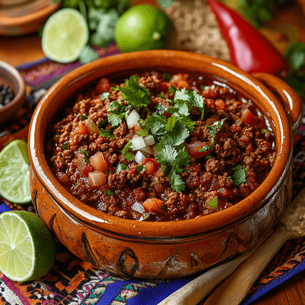 Carne Molida in a rustic clay pot, garnished with fresh cilantro and lime, surrounded by raw ingredients on a Mexican textile