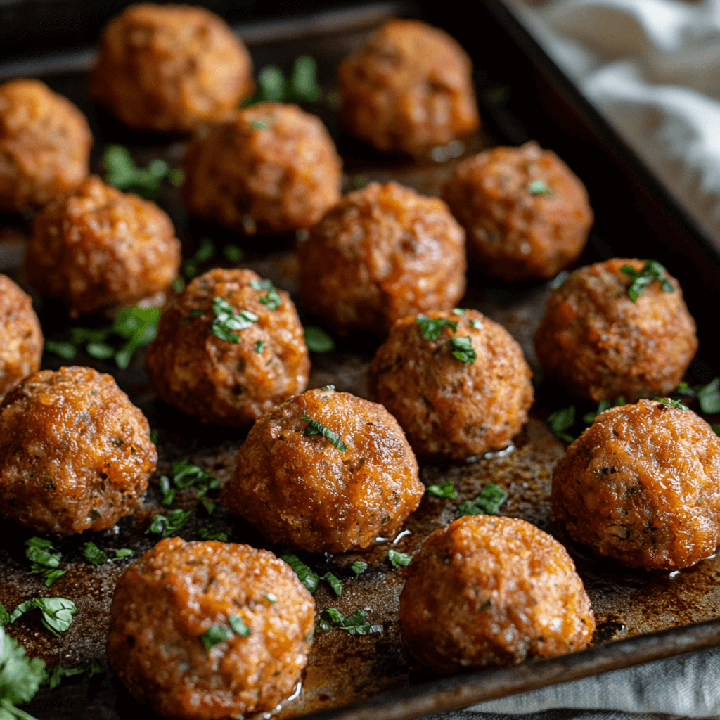 Freshly baked sausage balls on a serving tray