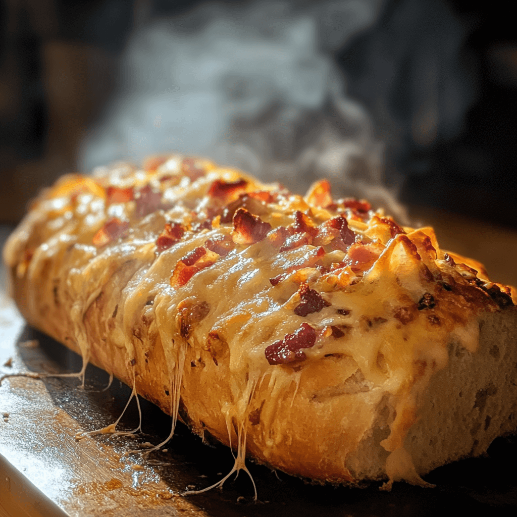 Hot and cheesy pull apart bread with bacon bits.