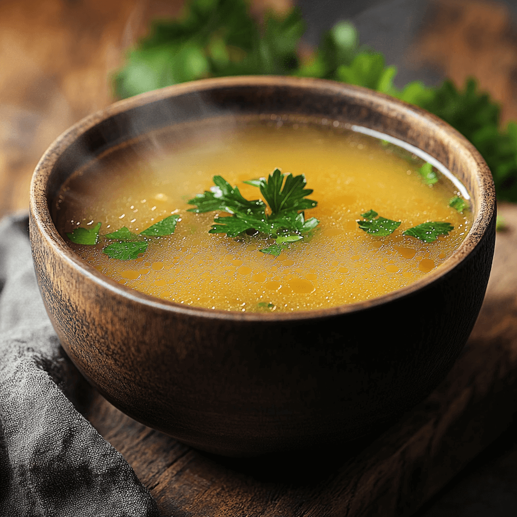 Nourishing chicken bone broth in a bowl