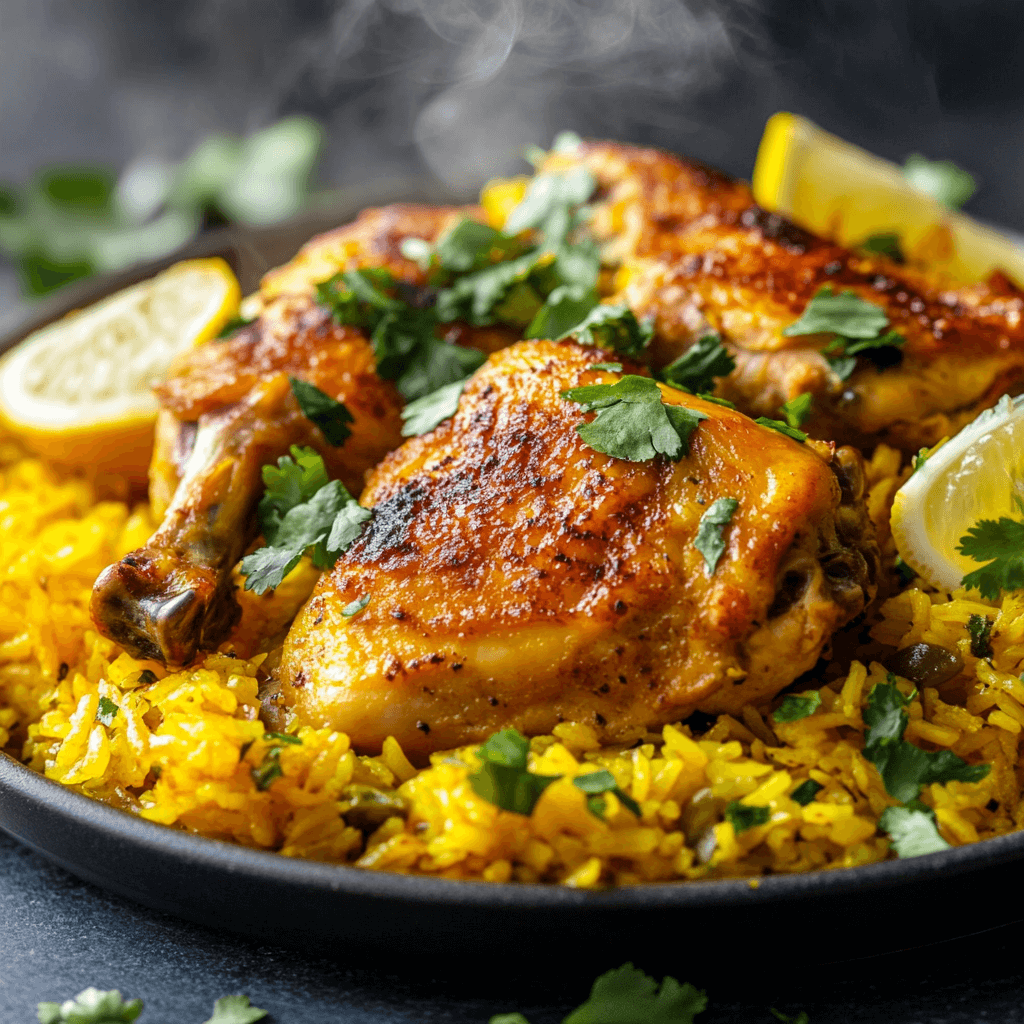 A plated serving of chicken and yellow rice