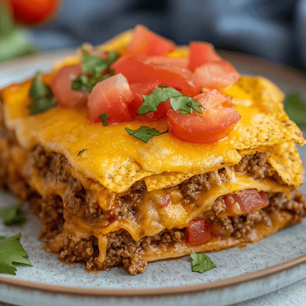 Layered taco casserole close-up with fresh garnishes.