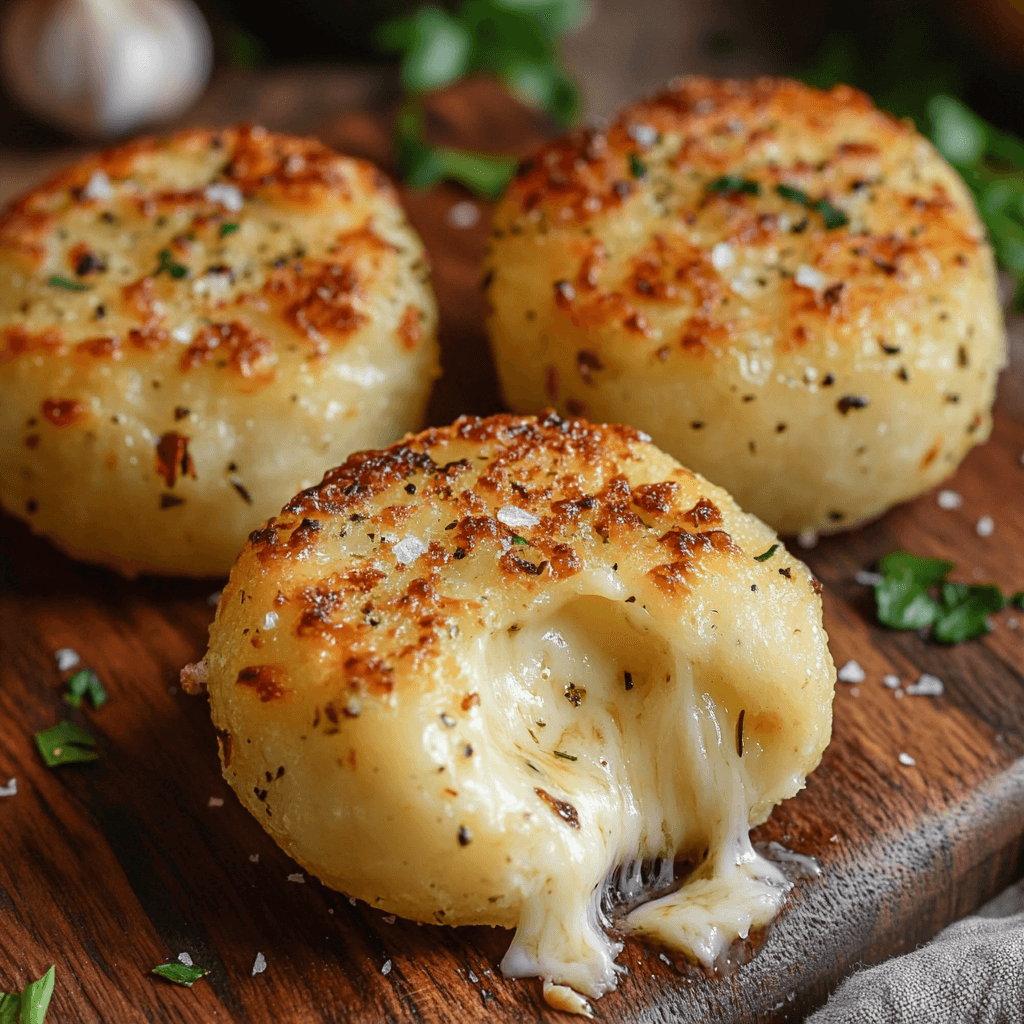 Close-up of three cheesy garlic bites with golden brown, crispy exterior and gooey cheese oozing from the inside, garnished with fresh garlic and herbs