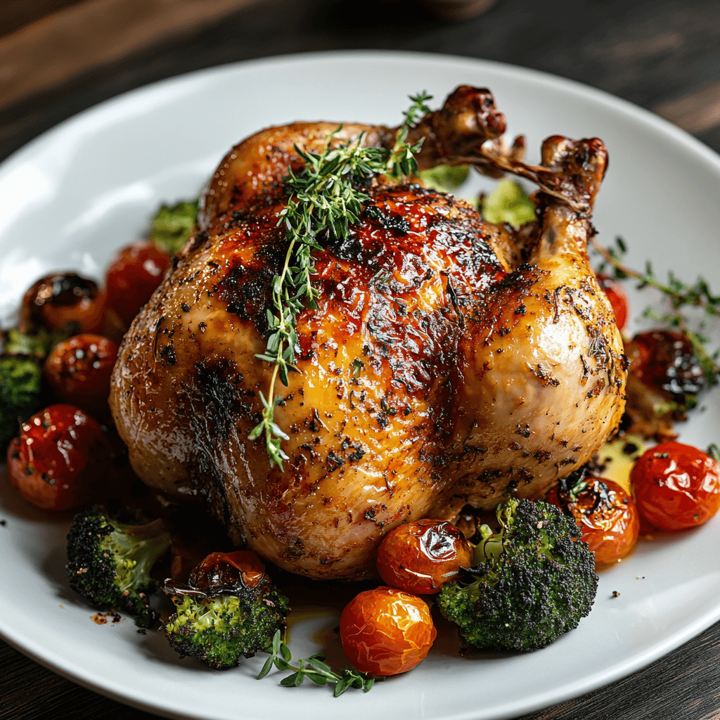 Plated roasted chicken with herbs and vegetables