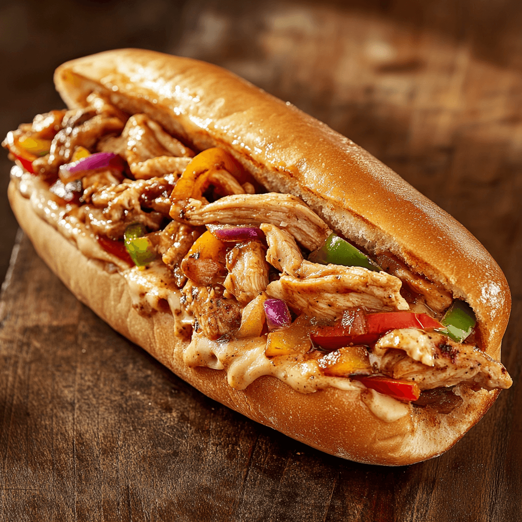 Chicken Philly Cheesesteak with melted cheese and vegetables