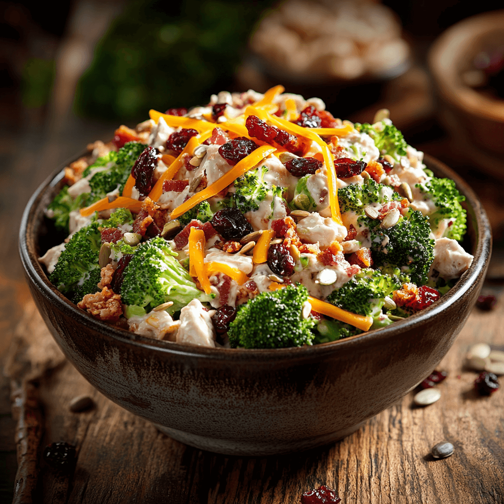 A vibrant Chicken Salad Chick Broccoli Salad in a rustic bowl on a wooden table under natural light.