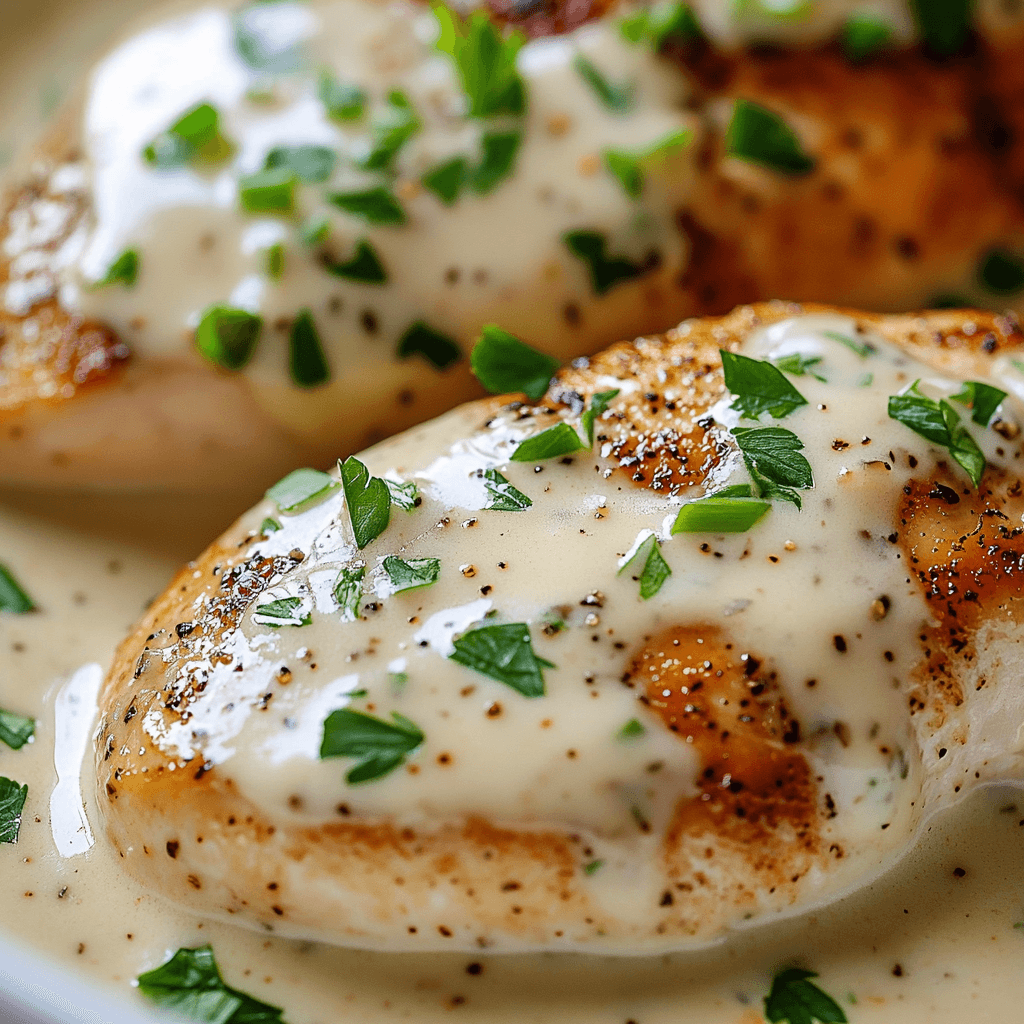 A close-up of an elegant creamy chicken dish with fresh garnishes and rich sauce.