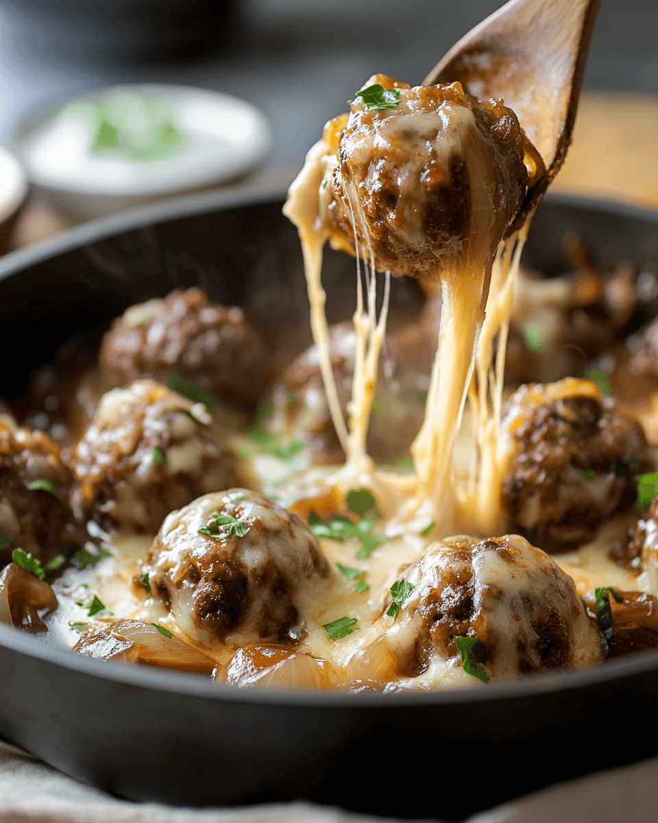 Close-up of French Onion Chicken Meatballs served with mashed potatoes, garnished with parsley and paired with crusty bread