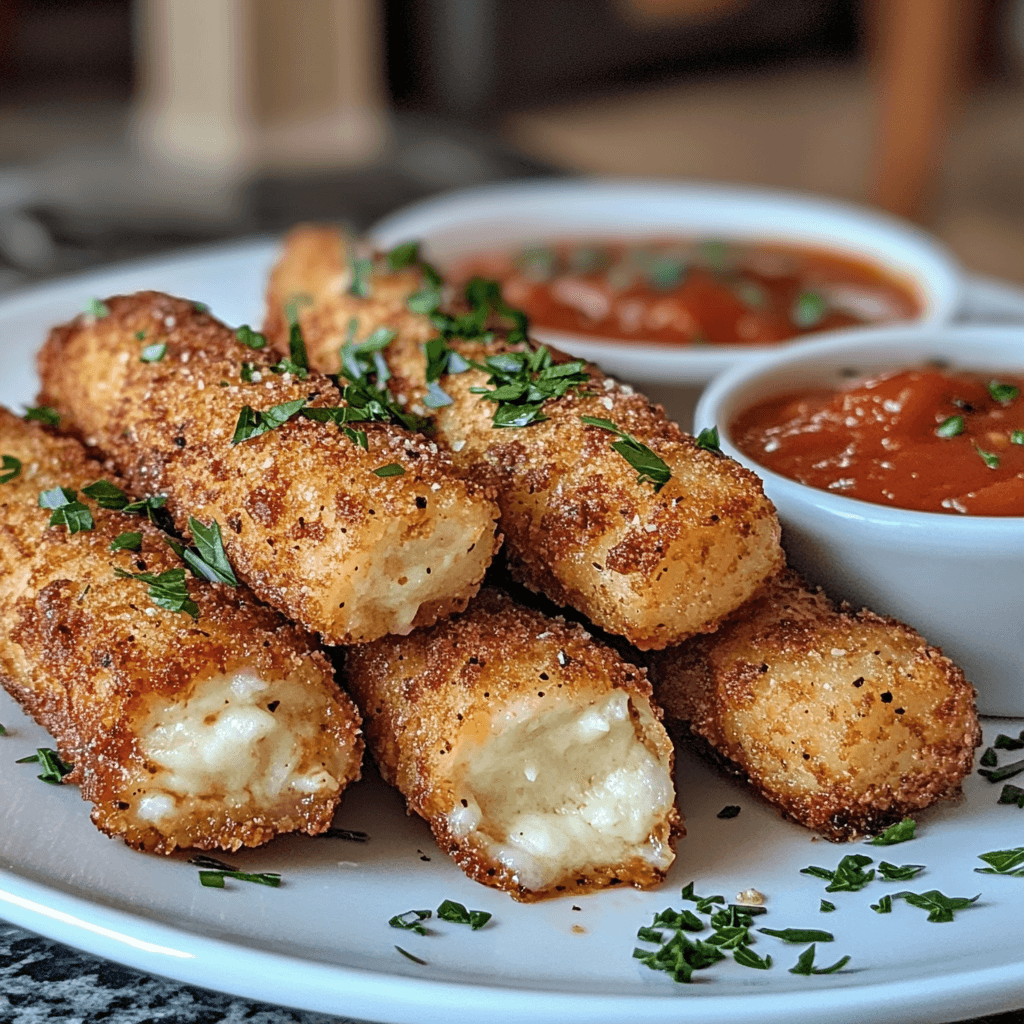 A plate of golden brown fried mozzarella sticks with gooey cheese pulling out, served with marinara sauce.