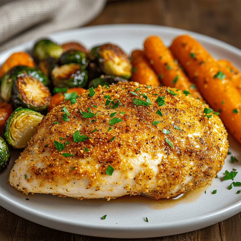 Golden-baked chicken breast with Parmesan crust, served with roasted carrots and Brussels sprouts on a white plate.