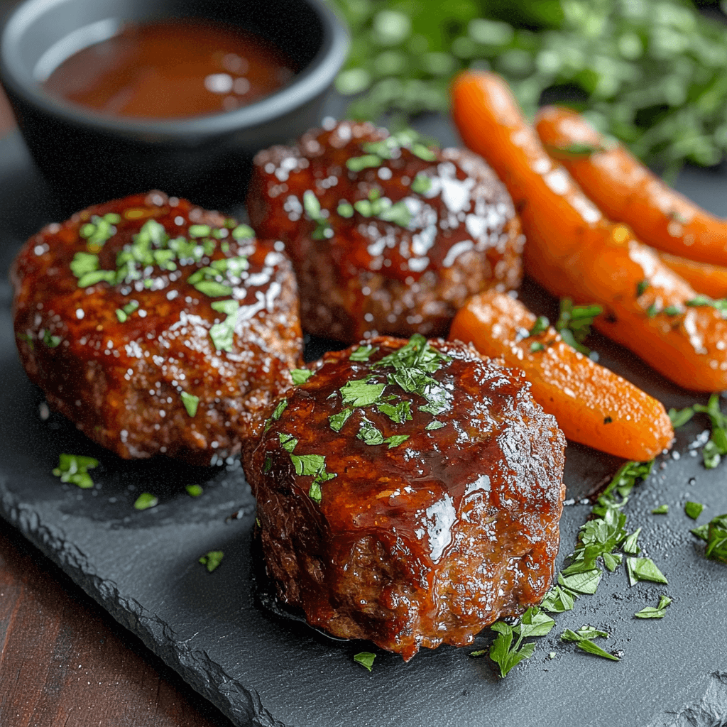 Mini meatloaves with glaze served with honey-glazed carrots and dipping sauce on a slate tray.