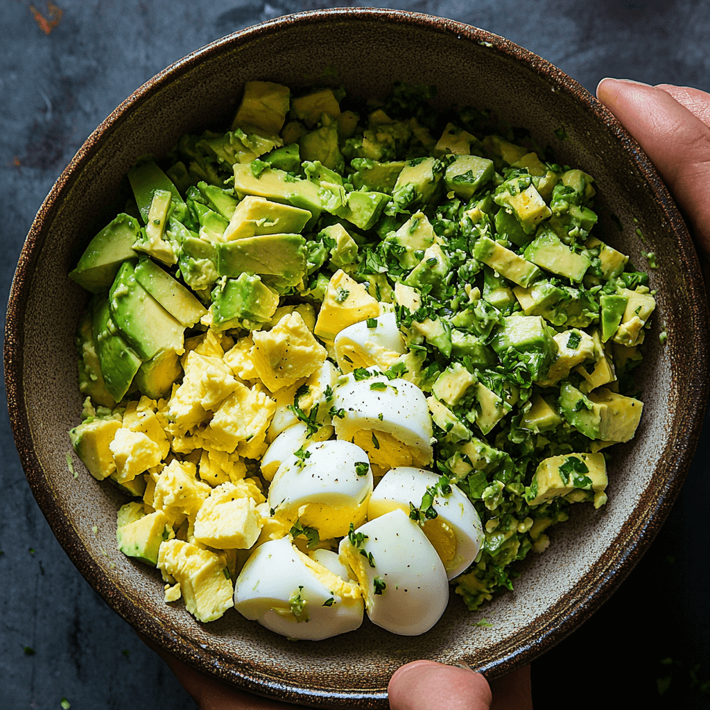 Avocado and eggs being mixed in a bowl for the salad.