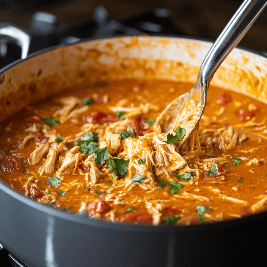 Shredded chicken, Rotel, and Velveeta melted in a pot