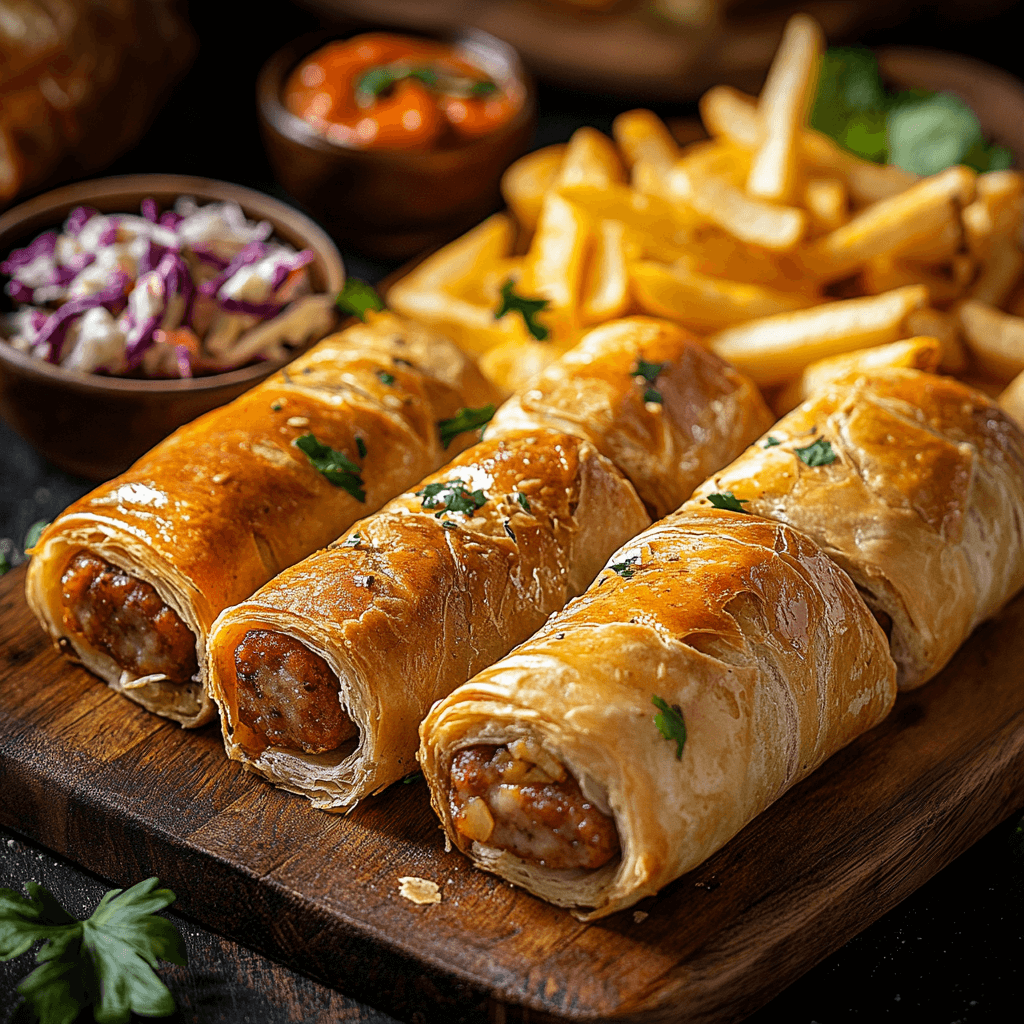 Golden sausage rolls with French fries and coleslaw on a rustic wooden platter.