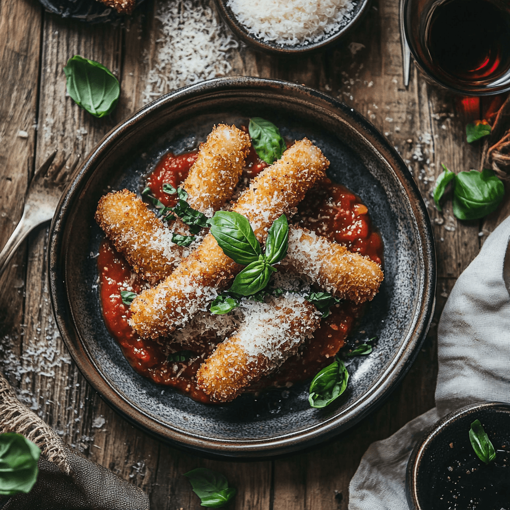 A beautifully plated dish of fried mozzarella sticks with marinara sauce, garnished with fresh basil and Parmesan cheese.