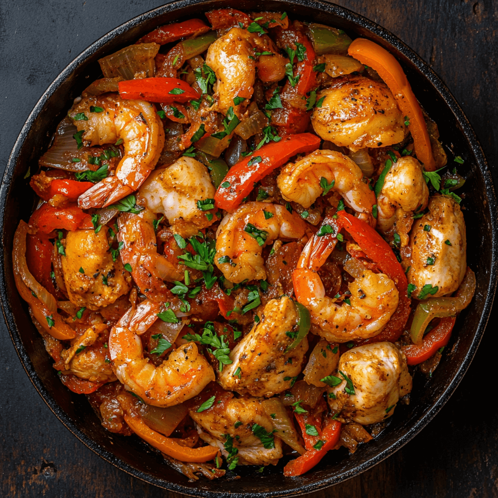 A vibrant skillet filled with golden chicken and shrimp, garnished with colorful vegetables like bell peppers and onions.