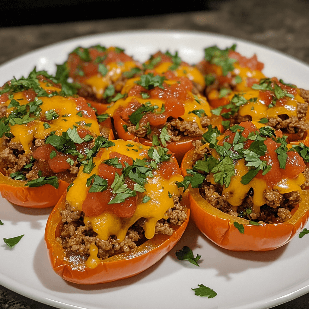 Taco stuffed peppers served on a white plate