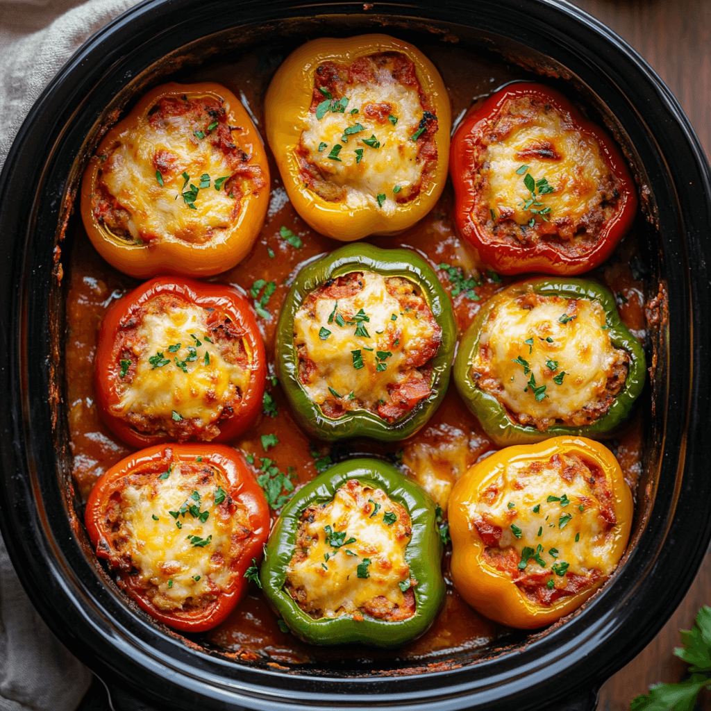 Top-down view of a Crockpot filled with colorful stuffed peppers covered in cheese.