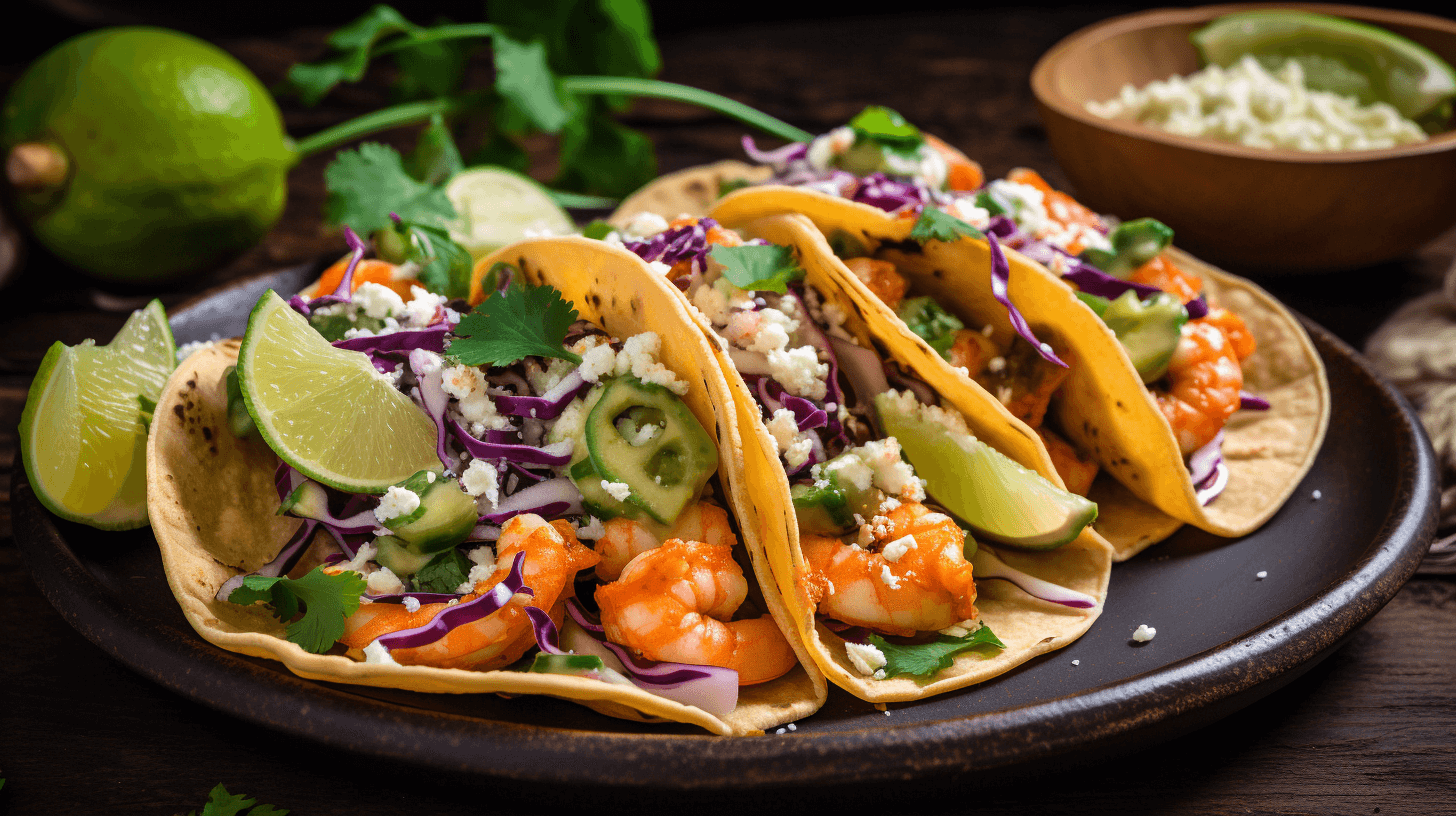 Close-up of spicy shrimp tacos served on a colorful Mexican-style plate, topped with fresh slaw, avocado slices, and Cotija cheese, with a lime wedge on the side