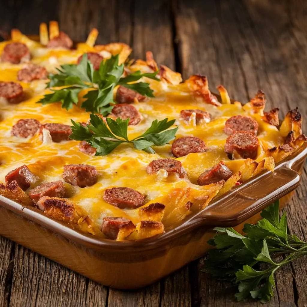 Golden-brown breakfast casserole with sausage, cheese, and hash browns in a baking dish