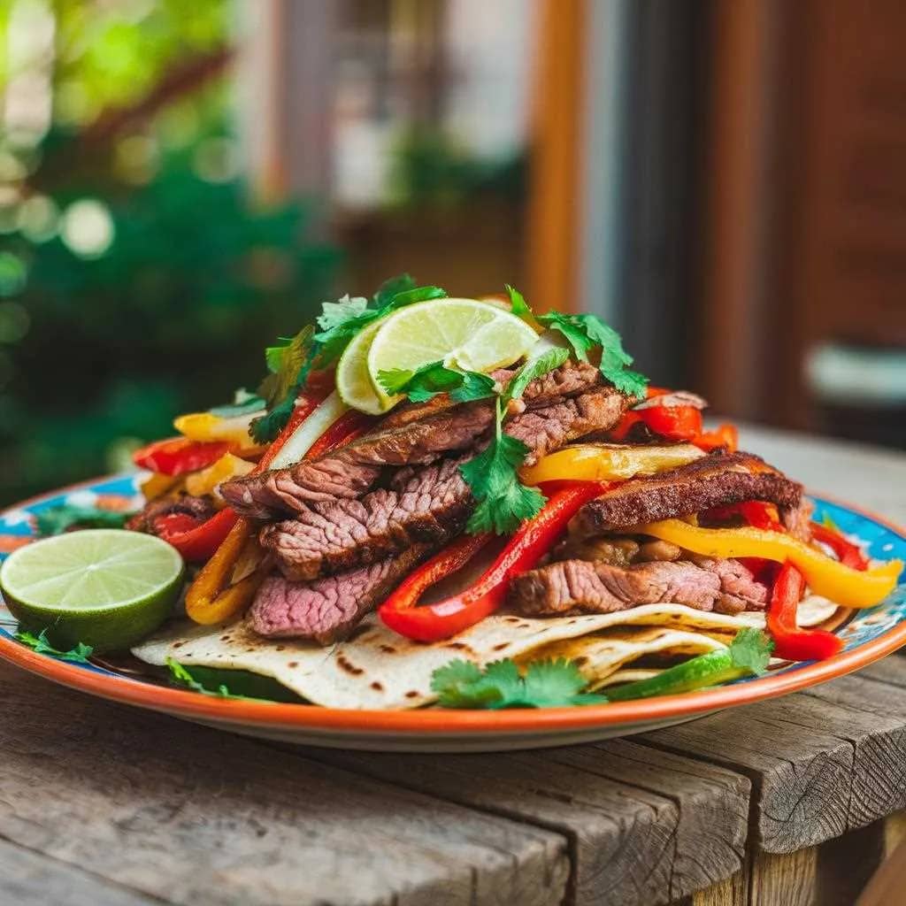 if you wonder how long to cook fajitas in air fryer? Fajitas cooking in an air fryer basket with steak, onions, and peppers sizzling