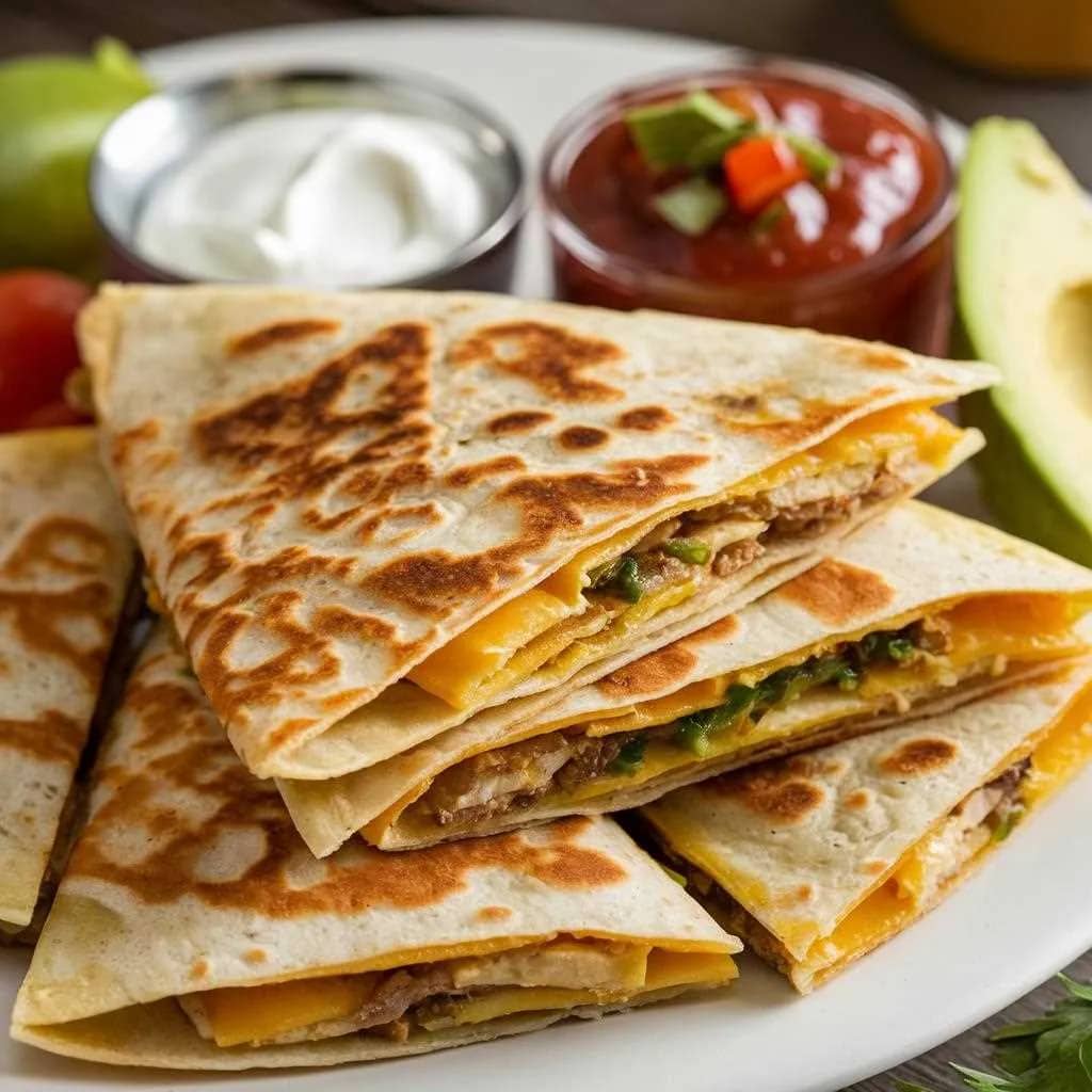 A plate of crispy easy breakfast quesadillas with salsa and avocado