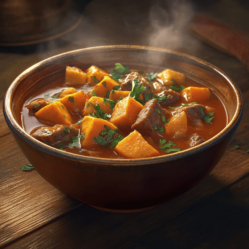 Cozy bowl of Sweet Potato Beef Stew with steam rising, showing beef, sweet potatoes, and carrots.