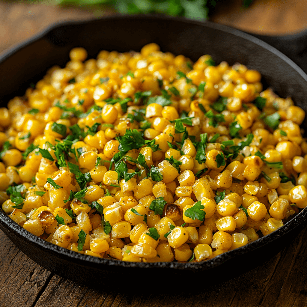 A skillet filled with golden Honey Butter Skillet Corn, garnished with fresh herbs.
