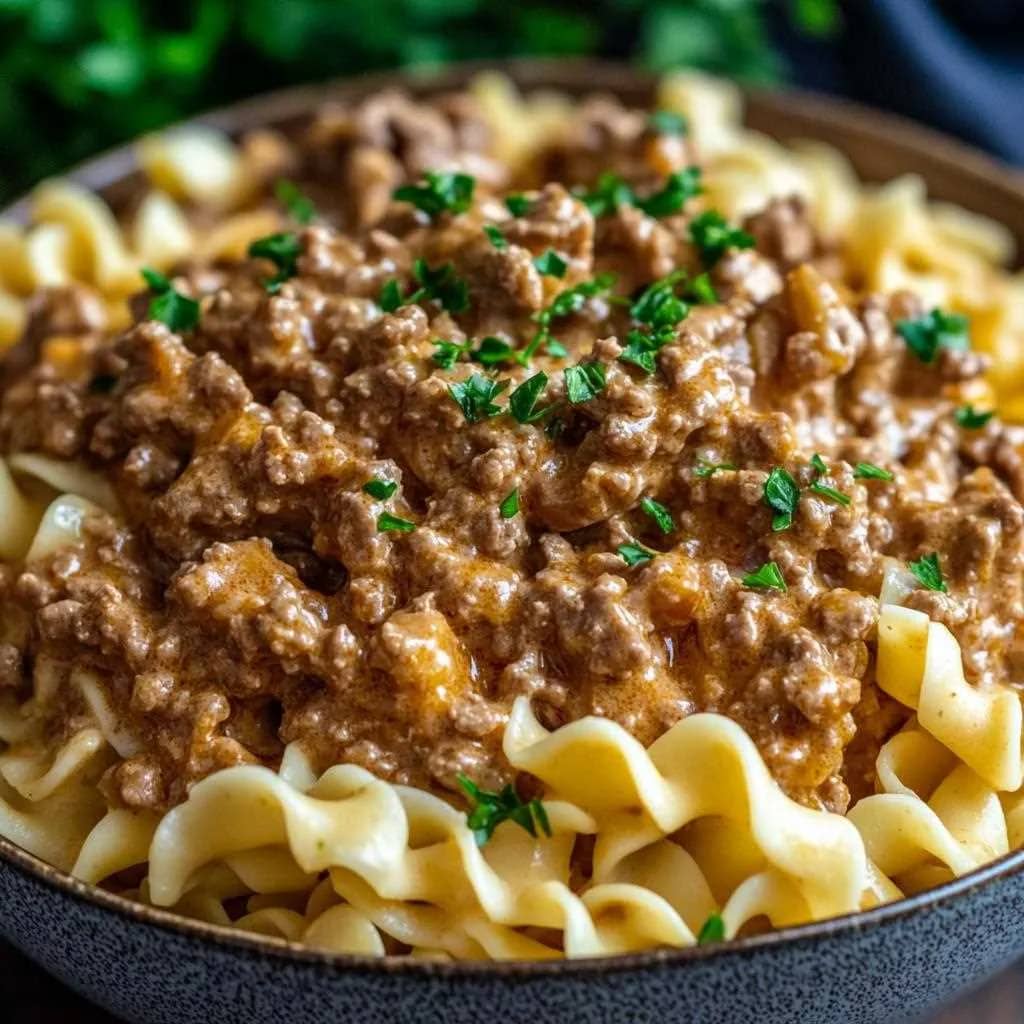 A warm bowl of creamy ground beef stroganoff with egg noodles garnished with parsley.