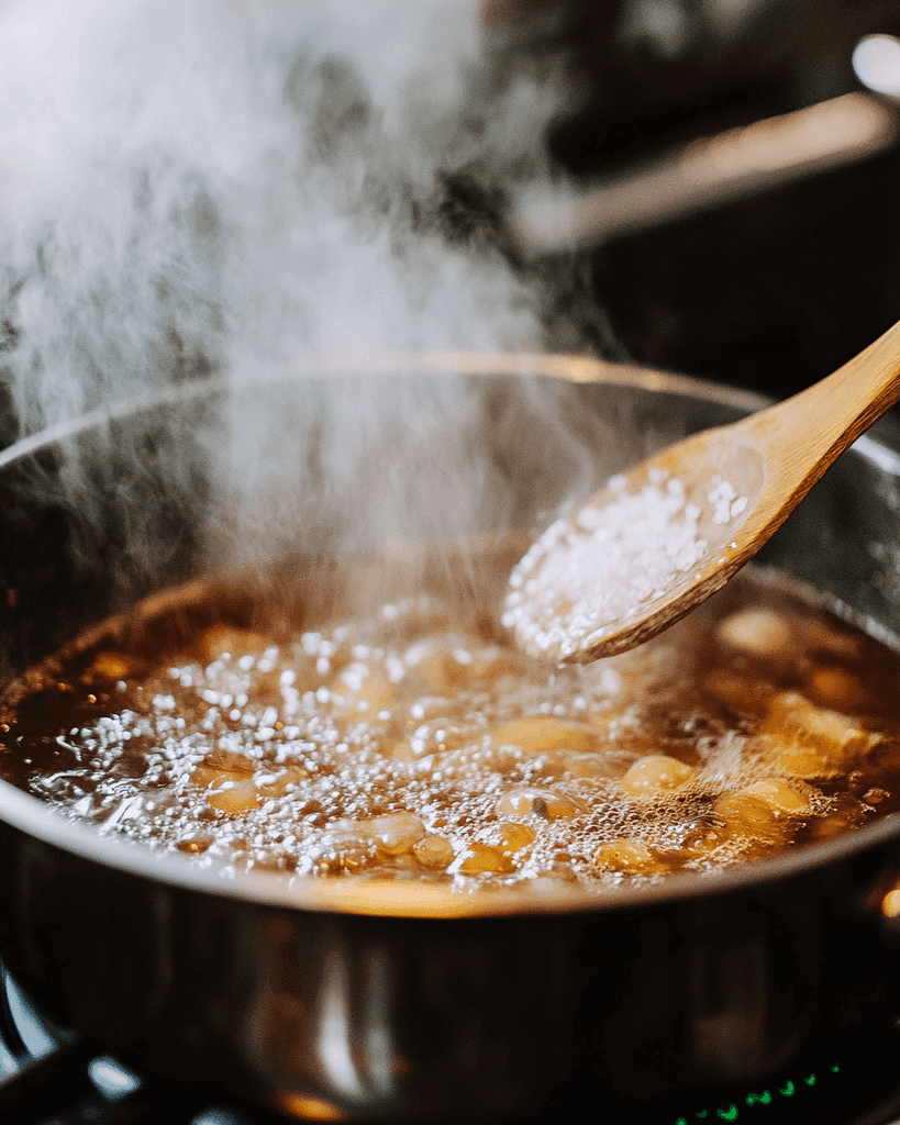 Boiling brine for preserved sausage recipe in a pot with vinegar and spices, showing steam and stirring action