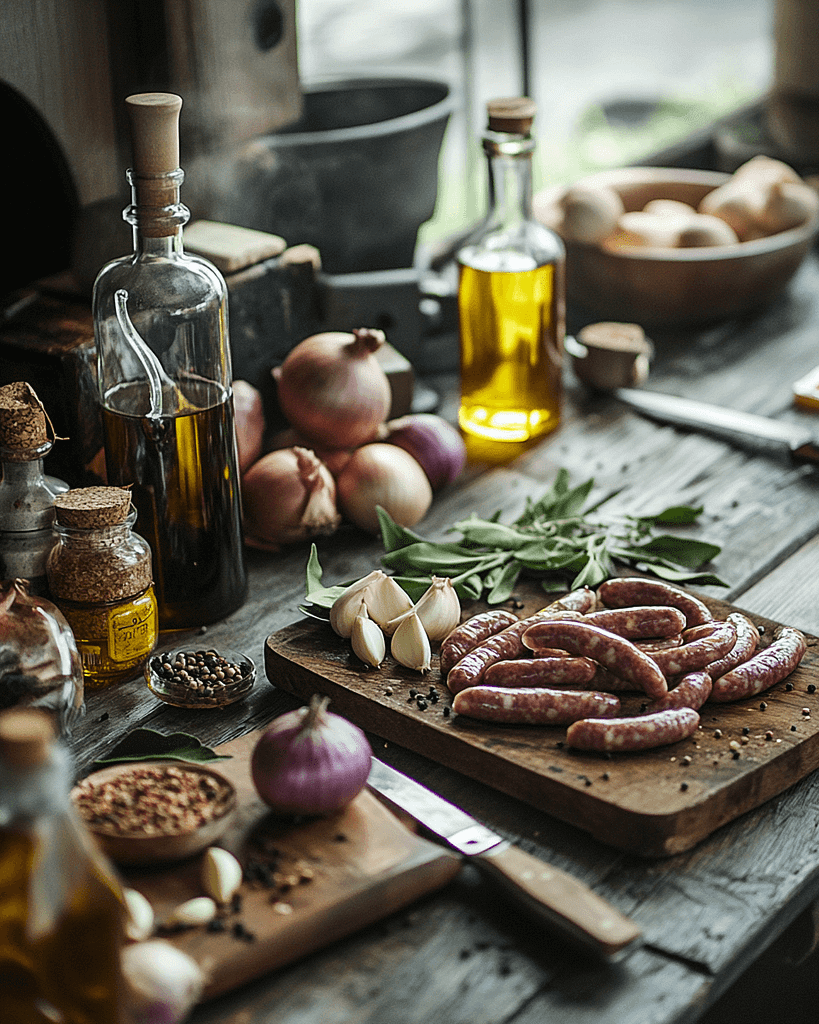 Ingredients for pickled sausage recipe on a rustic kitchen table including fresh sausages, onions, and spices, setup for preparation.