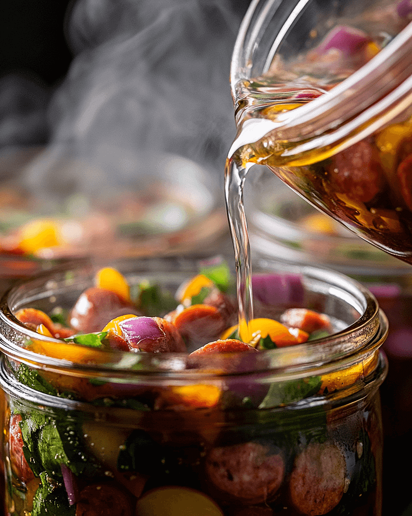 Pouring hot brine over sausage mix in jars for a cured sausage recipe, focusing on the liquid's flow and jar details