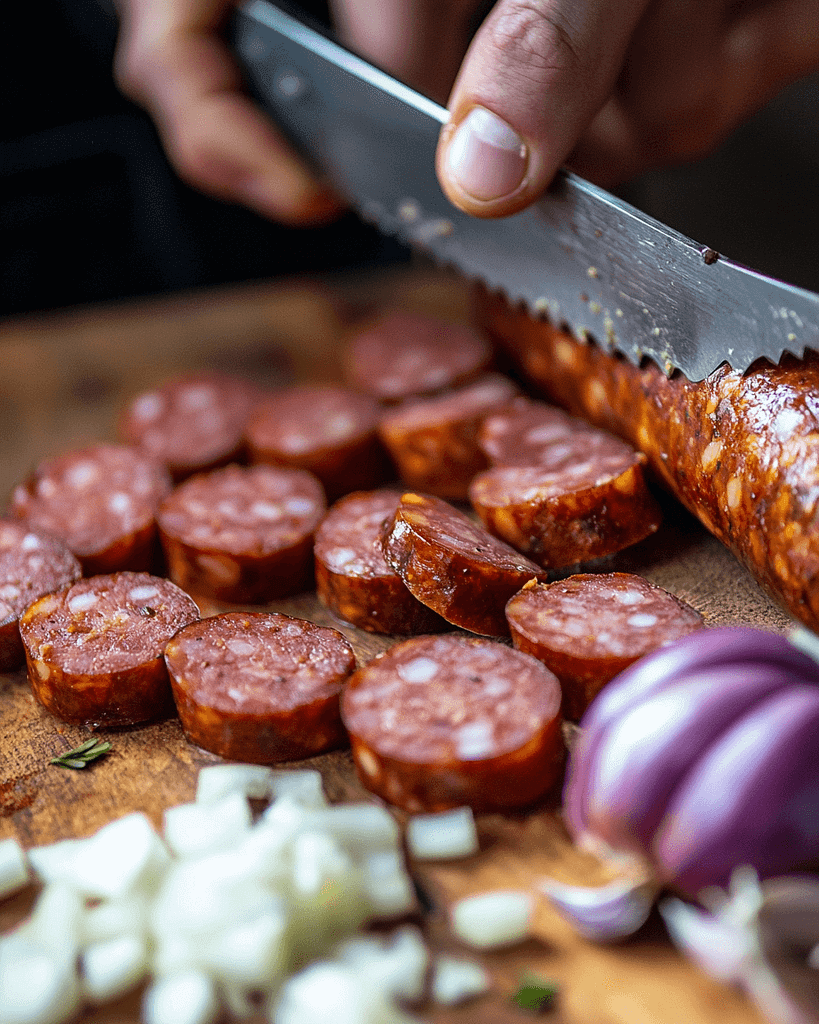 Slicing sausages for homemade pickled sausages, hands cutting smoked sausage on a wooden board with onions and garlic