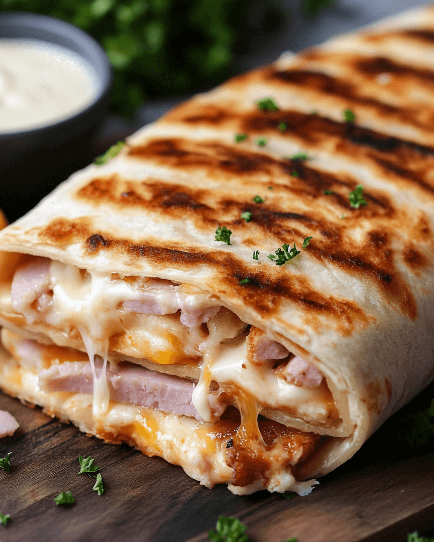 Sliced Chicken Ham Cheese Wraps served on a wooden board, showing their crispy tortilla exterior and gooey melted cheese filling, paired with dipping sauces.