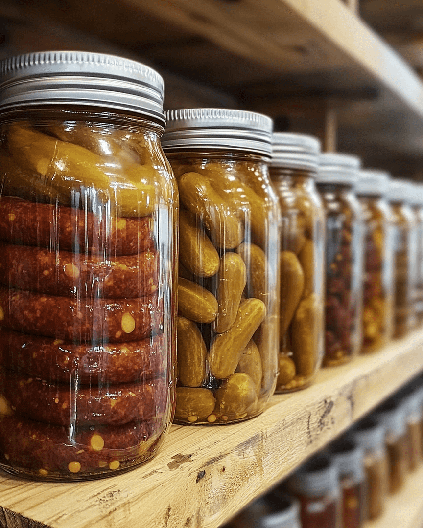 Finished jars of Penrose pickled sausages lined up on a shelf, sealed and labeled for storage, highlighting the preservation process
