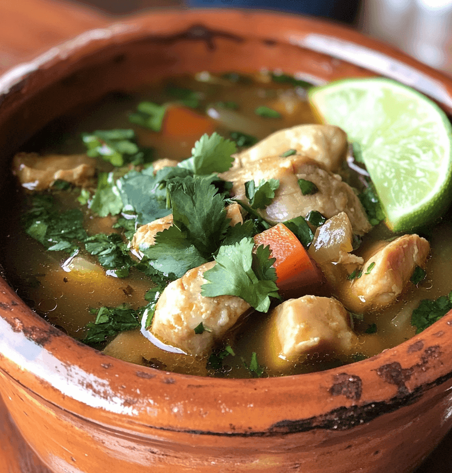 Caldo de Pollo served with warm corn tortillas, Mexican rice, and avocado slices, traditional accompaniments for this hearty dish