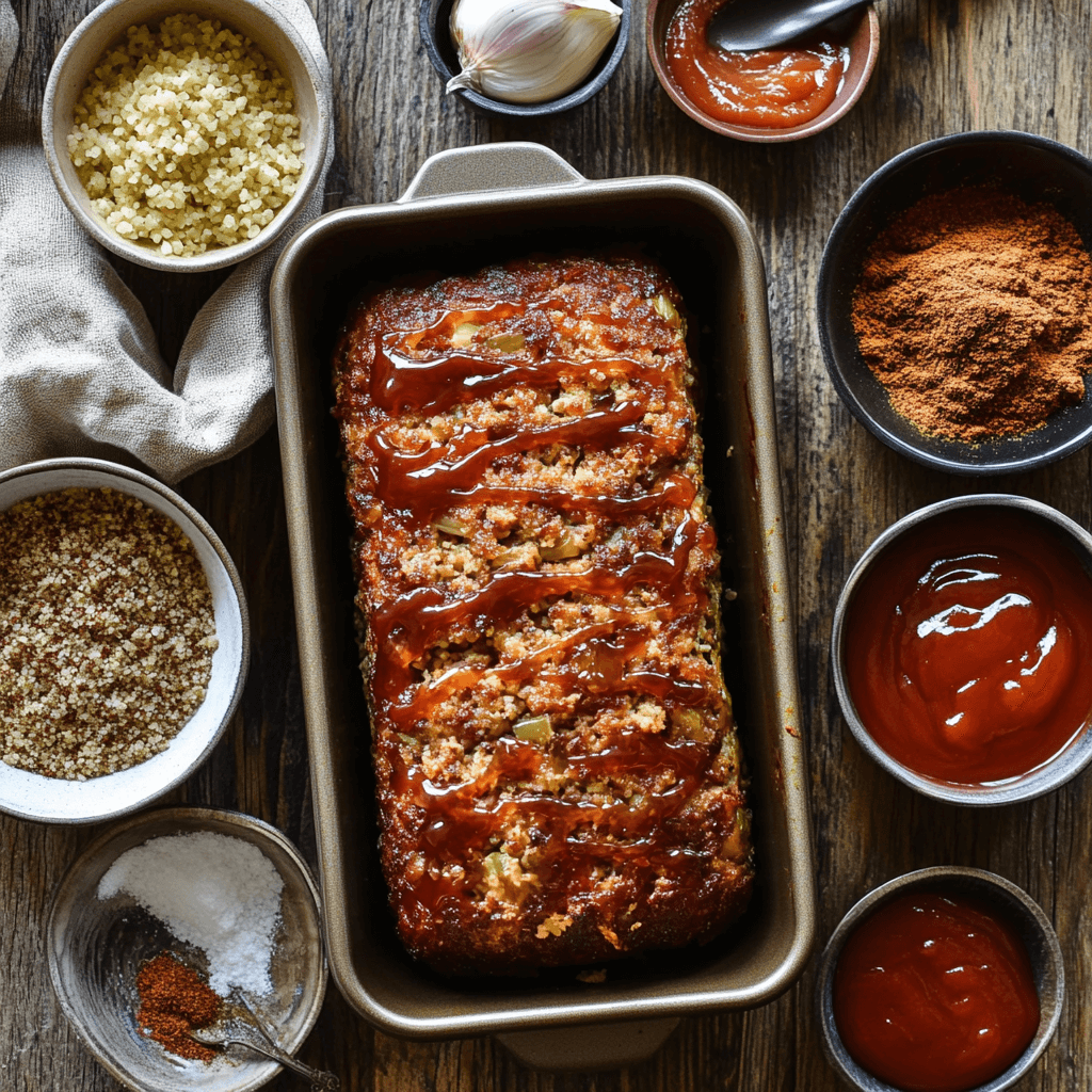 Baked meatloaf with tangy glaze, mashed potatoes, and green beans, garnished with fresh parsley