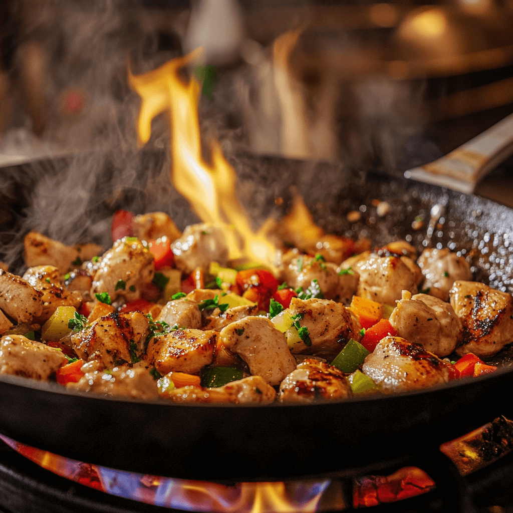 Cooking chicken and vegetables for Philly Cheesesteak