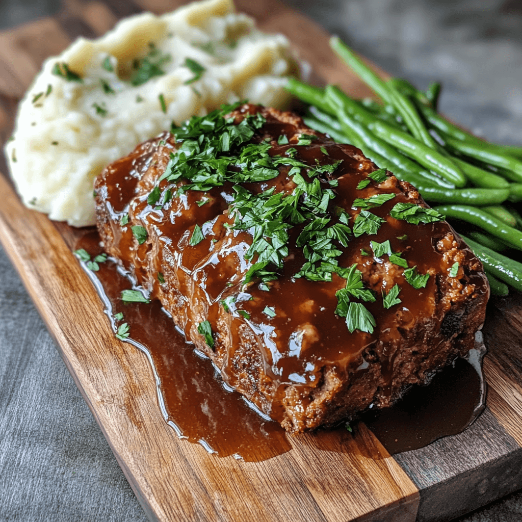 Overhead view of meatloaf in a pan with ingredients and garnishes on a rustic table.
